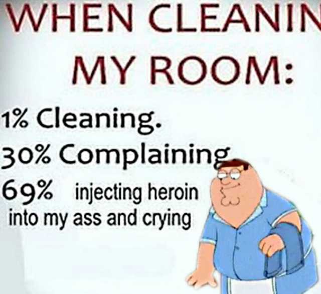 WHEN CLEANI MY ROOM 1% Cleaning. 30% Complaining 69% injecting heroin into my ass and crying