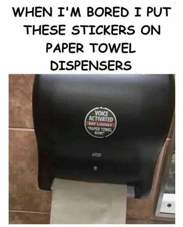 WHEN IM BOREDI PUT THESE STICKERS ON PAPER TOWEL DISPENsERS VOICE ACTIVATED SAY LOUDLY PAPER TOWEL NOW