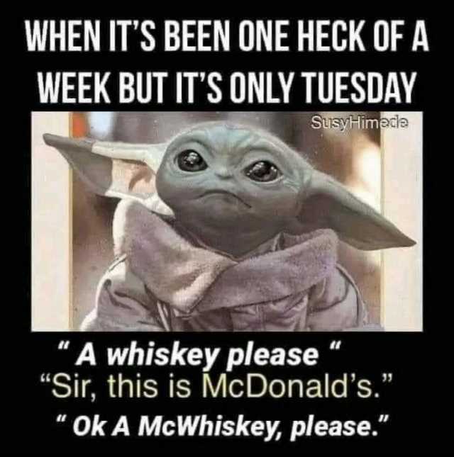 WHEN ITS BEEN ONE HECK OF A WEEK BUT ITS ONLY TUESDAY SusyHimecia A whiskey please Sir this is McDonalds. OkA McWhiskey please.