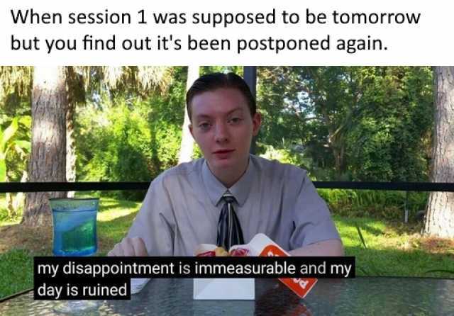 When session 1 was supposed to be tomorrow but you find out its been postponed again. my disappointment is immeasurable and my day is ruined