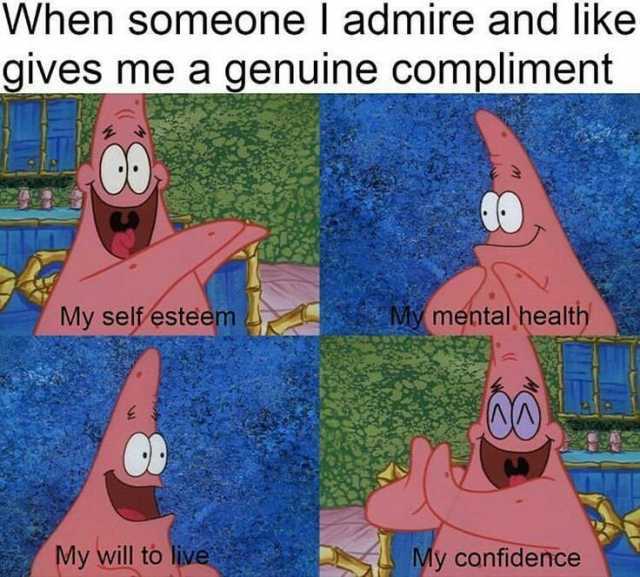 When someone l admire and like gives me a genuine compliment My selfesteem My mental health My will to live My confidence