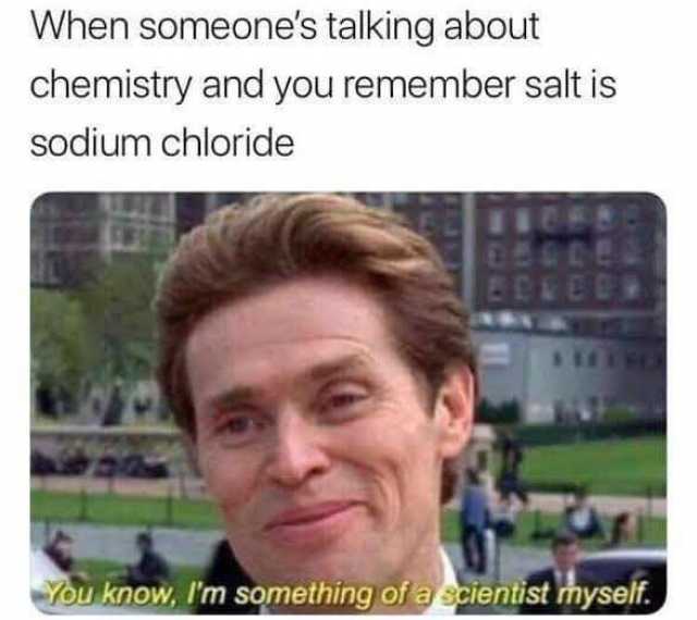 When someones talking about chemistry and you remember salt is sodium chloride You know Im something of a scientist myself. 