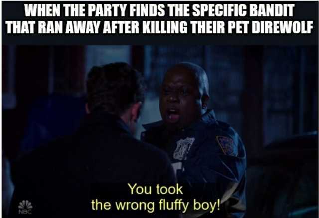 WHEN THE PARTY FINDS THE SPECIFIC BANDIT THAT RAN AWAY AFTER KILLING THEIR PET DIREWOLF You took the wrong fluffy boy! NBC