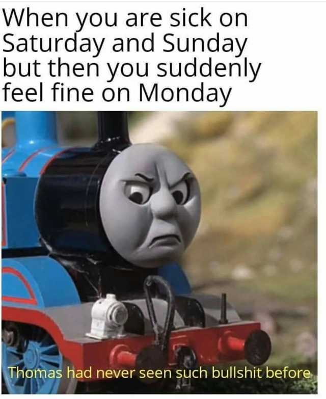 When you are sick on Saturday and sunday but then you suddenly feel fine on Monday Thomas had never seen such bullshit before