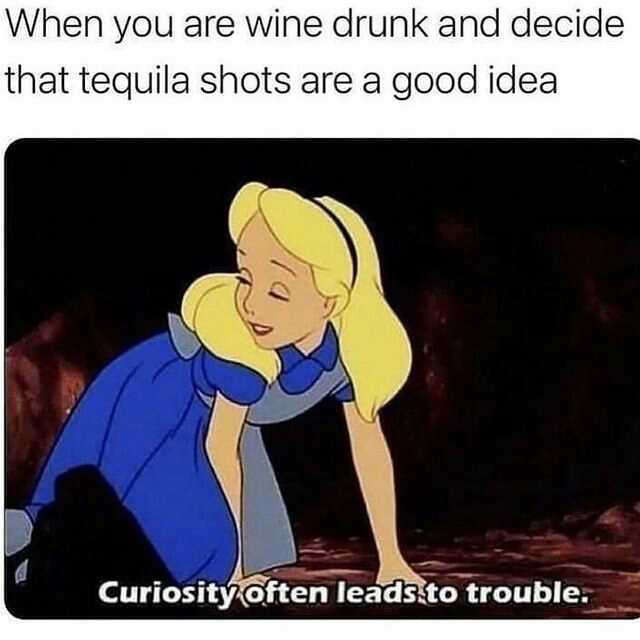 When you are wine drunk and decide that tequila shots are a good idea Curiosityoften leadsto trouble.