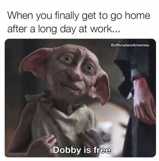 When you finally get to go home after a long day at work.. @officialworkmemes Dobby is free