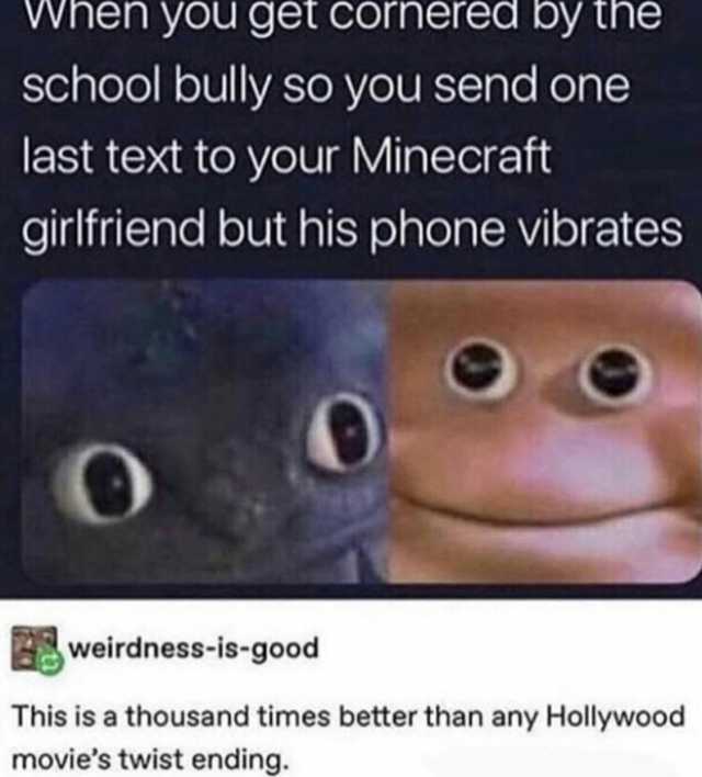 When you get cornered by the school bully so you send one last text to your Minecraft girlfriend but his phone vibrates weirdness-is-good This is a thousand times better than any Hollywood movies twist ending.