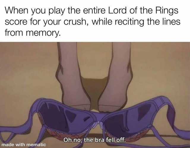 When you play the entire Lord of the Rings SCore for your crush while reciting the lines from memory. Oh no the bra fell of made with mematic