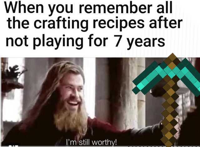 When you remember all the crafting recipes after not playing for 7 years. I'm still worthy