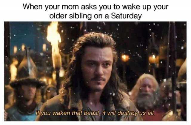 When your mom asks you to wake up your older sibling on a Saturday If you waken that beast it will destroy us all. 