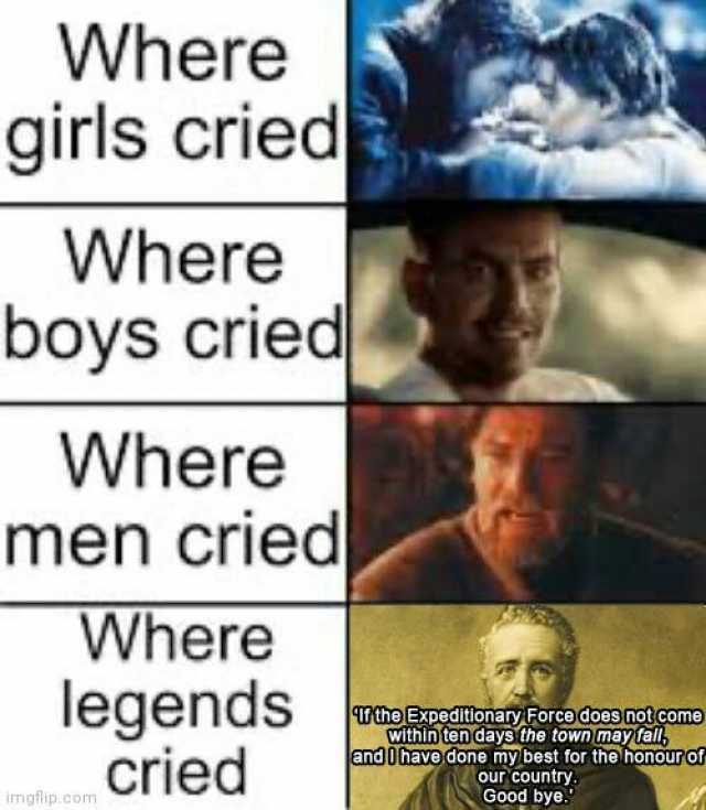 Where girls cried Where boys cried Where men cried Where legends cried Wthe Expeditlonary Forcedoes not come within tendays the town may fal and Ohave done my best for the honourof Our country. Good bye imgflip.com