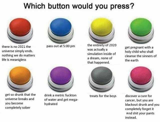 Which button would you presS the entirety of 2020 was actually a there is no 2021 the pass out at 500 pm get pregnant with a holy child who shall universe simply ends. simulation inside of nothing we do matters cleanse the sinners