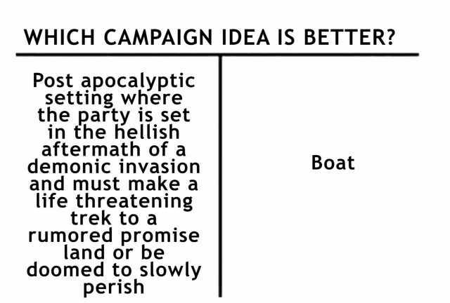 WHICH CAMPAIGN IDEA IS BETTER Post apocalyptic setting where the party is set in the hellish aftermath of aa demonic invasion and must make a life threatening trek t0 a rumored promise land or be doomed to slowly perish Boat