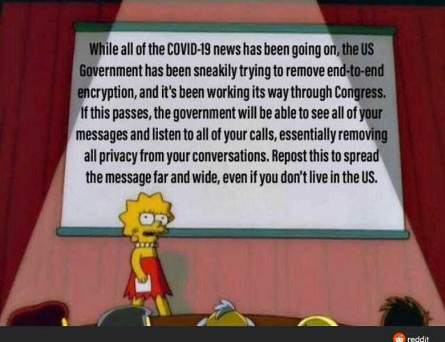 While all o the coVID-19 news has been going on the US Government has been sneakily trying to remove end-to-end encryption and its been working its way through Congress. If this passes the government will be able to see all of you