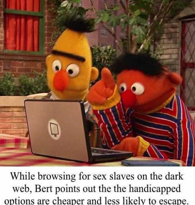 While browsing for sex slaves on the dark web Bert points out the the handicapped options are cheaper and less likely to escape.