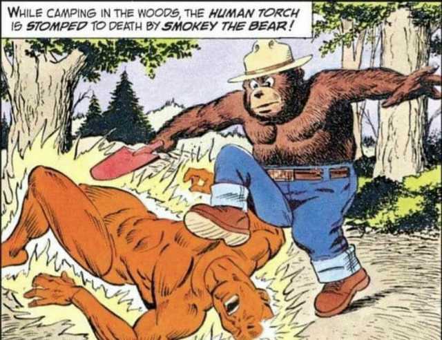 WHILE CAMPING IN THE WOOD6 THE HUMAN TORCH 19STOMPED TO DEATH BY SMOKEY THE BEAR! wwN