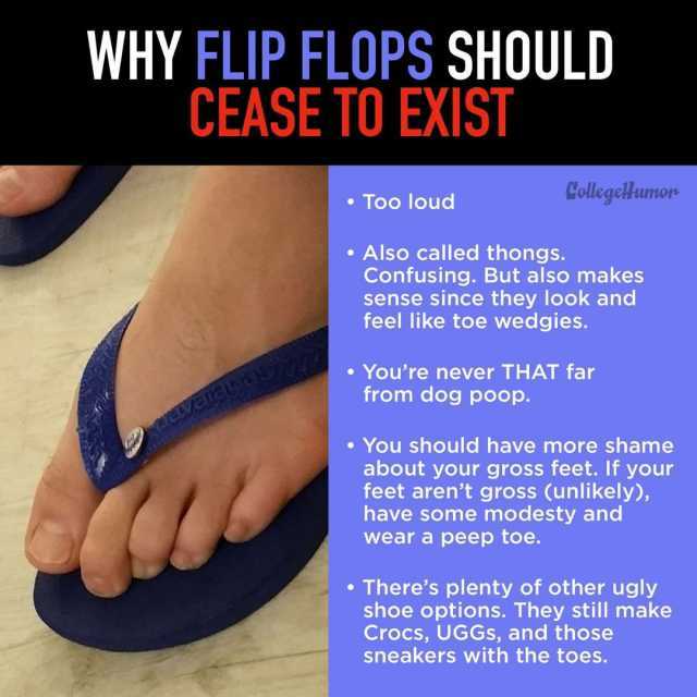 WHY FLIP FLOPS SHOULD CEASE TO EXIST CollegeHumor Too loud Also called thongs. Confusing. But also makes sense since they look and feel like toe wedgies. Youre never THAT far from dog poop. You should have more shame about your gr
