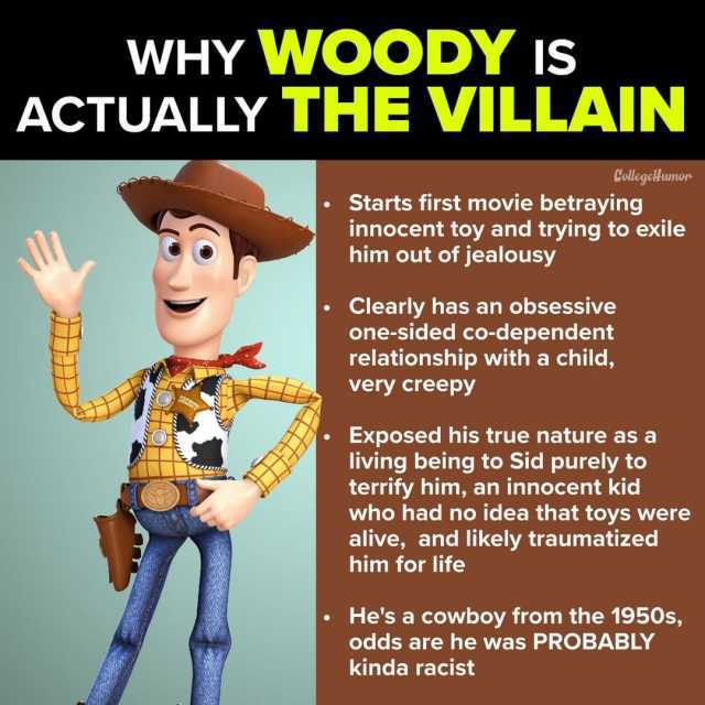 WHY WOODY IS ACTUALLY THE VILLAIN CollegelHumor Starts first movie betraying innocent toy and trying to exile him out of jealousy Clearly has an one-sided co-dependent relationship with a child obsessive very creepy SHERIFF Expose