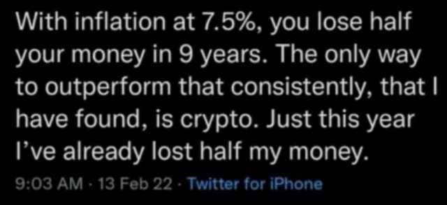 With inflation at 7.5% you lose half your money in 9 years. The only way to outperform that consistently that I have found is crypto. Just this year Tve already lost halt my money. 903 AM 13 Feb 22 Twitter for iPhone