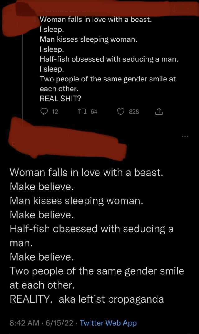 Woman falls in love with a beast. 1 sleep. Man kisses sleeping woman. I sleep. Half-fish obsessed with seducing a man. I sleep. Two people of the same gender smile at each other. REAL SHIT 12 t64 O828 Woman falls in love with a be