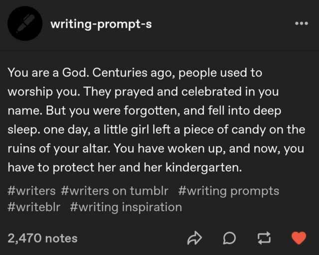 writing-prompt-s You are a God. Centuries ago people used to worship yu. They prayed and celebrated in you name. But you were forgotten and fell into deep sleep. one day a little girl left a piece of candy on the ruins of your alt