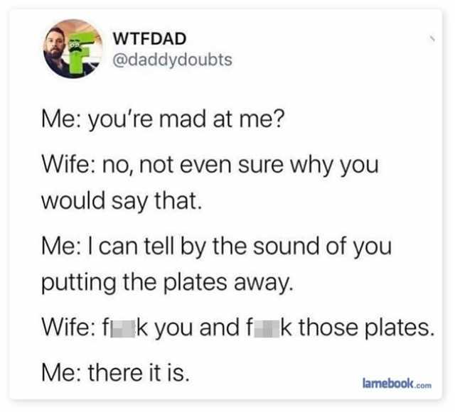 WTFDAD @daddydoubts Me youre mad at me Wife no not even sure why you would say that. MeI can tell by the sound of you putting the plates away. Wife fl k you and fk those plates. Me there it is. lamebook.com