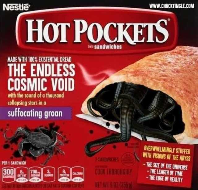 www.cHUcKTINGLE.COM Neste HOT POCKETS d $andwiches MADE WITH 10% EXISTENTIAL DREAD THE ENDLESS COSMIC VOID with the sound of a thousand collapsing stars in a sutocafing groan OVERWHELMINGLY STUFFED WITH VISIONS OF THE ABYSS 2SANDW