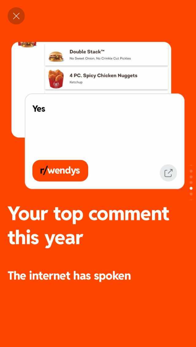 X Double Stack No Sweet Onion No Crinkle Cut Pickles 4 PC. Spicy Chicken Nug9gets Ketchup Yes r/wendys Your top comment this year The internet has spoken