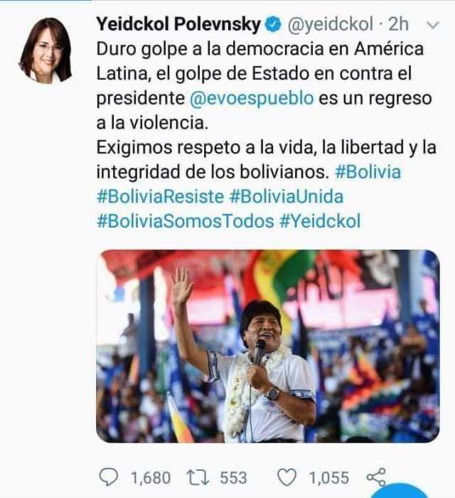 Yeidckol Polevnsky@yeidckol 2h Duro golpe a la democracia en América Latina el golpe de Estado en contra el presidente @evoespueblo es un regreso a la violencia Exigimos respeto a la vida la libertad y la integridad de los bolivi