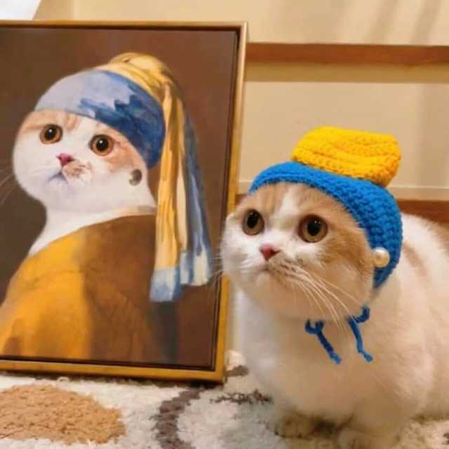 Pintura de un gato posando como la Chica del arete de Perla