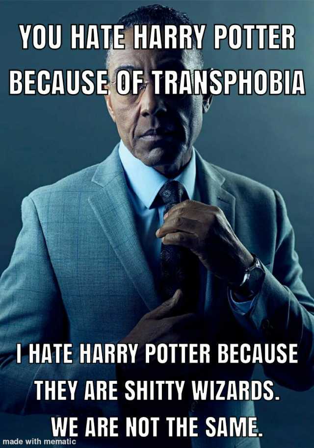 YOU HATE HARRY POTTER BECAUSE OF TRANSPHOBIA IHATE HARRY POTTER BECAUSE THEY ARE SHITTY WIZARDS. WE ARE NOT THE SAME. made with mematic