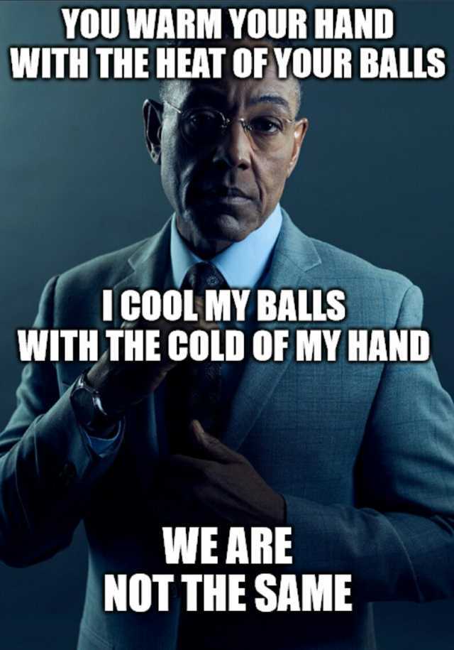 YOU WARM YOUR HAND WITH THE HEAT OF YOUR BALLS I COOL MY BALLS WITH THE COLD OF MY HAND WE ARE NOT THE SAME