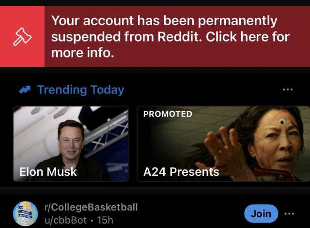 Your account has been permanently suspended from Reddit. Click here for more info. Trending Today PROMOTED Elon Musk A24 Presents r/CollegeBasketball u/cbbBot 15h Join